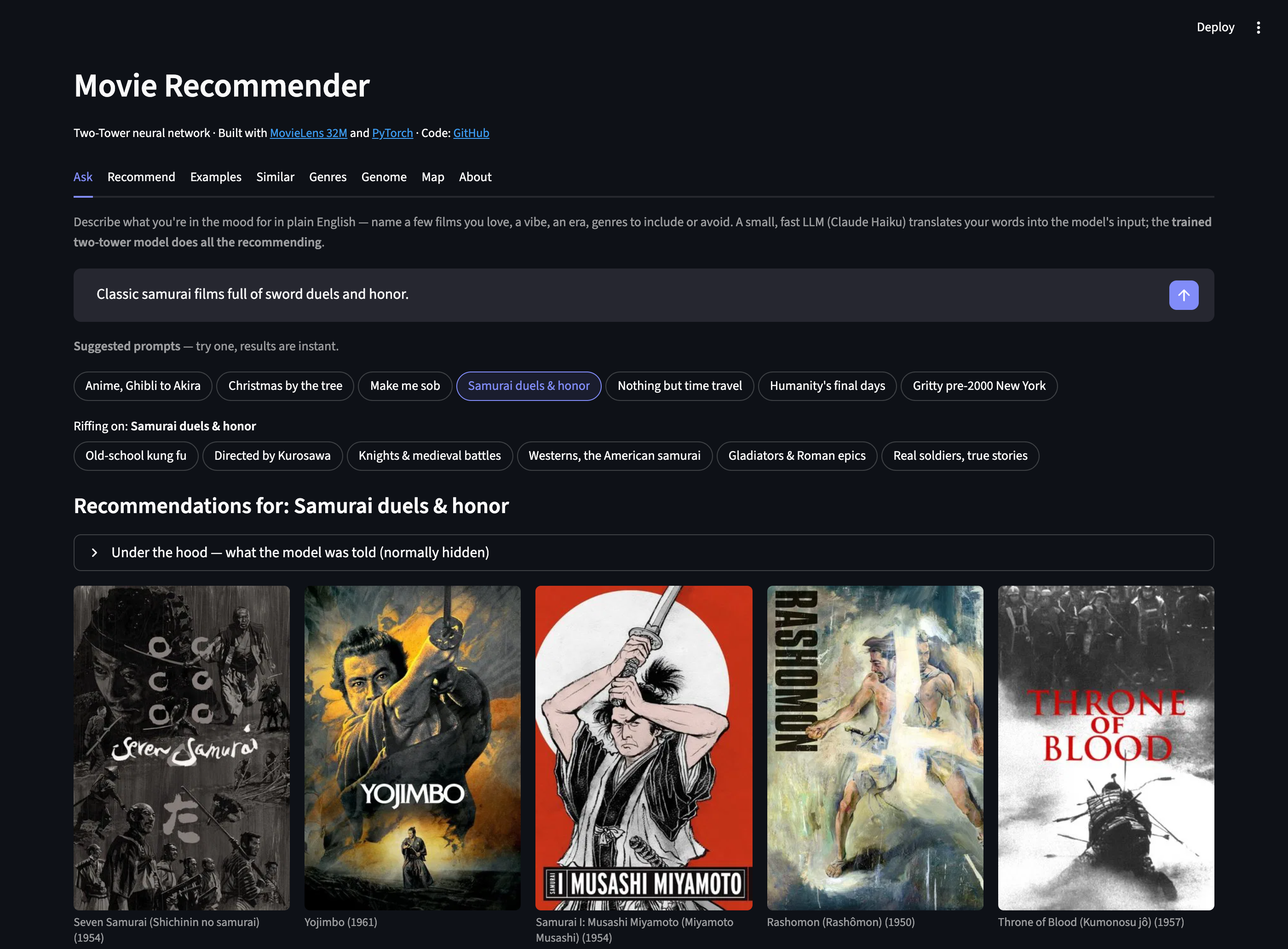 The Ask tab: a chat-style search bar, a row of theme pills, a second row of related pills once a theme is open, and a results grid below