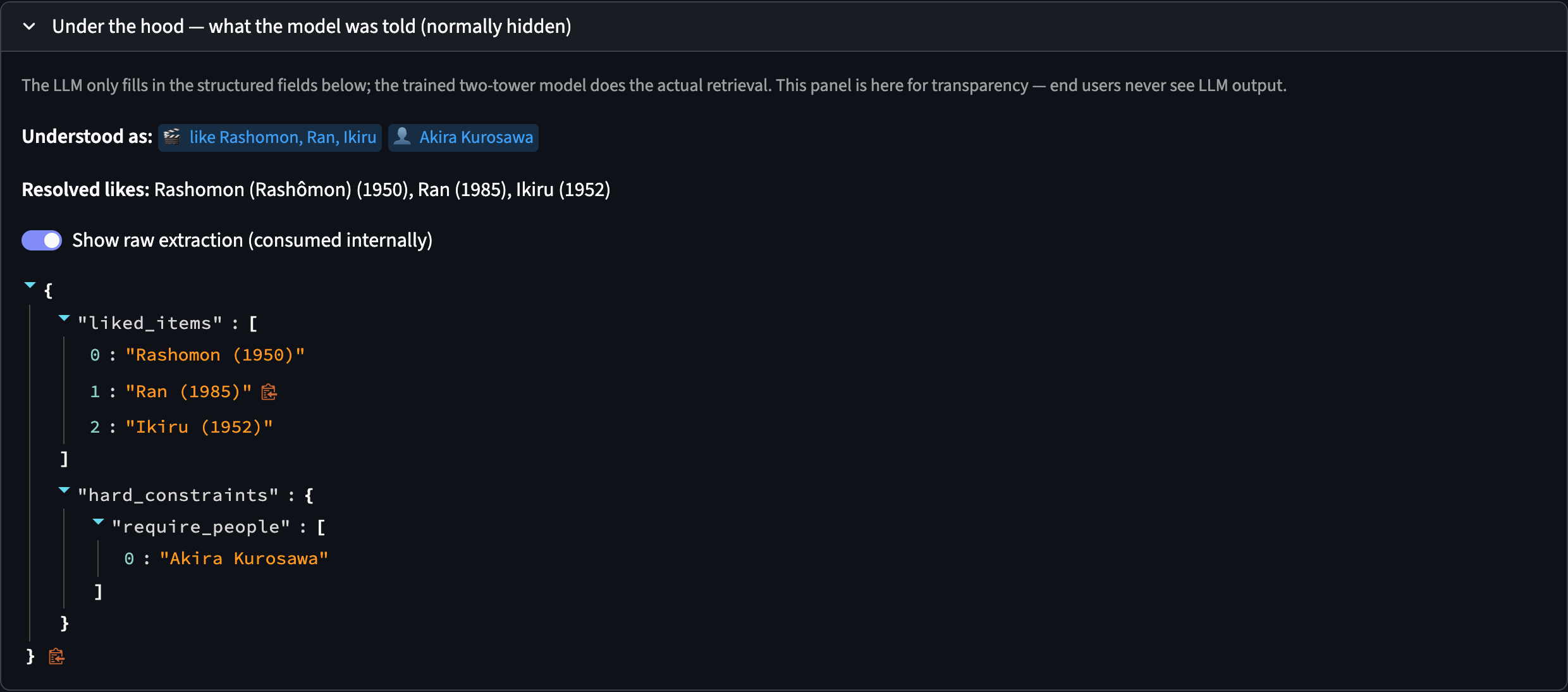 The Ask tab's debug expander open, showing the LLM's actual structured JSON output for a query about films directed by Akira Kurosawa