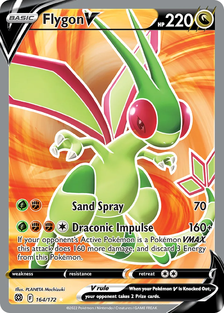 Flygon V full art, card 164 of 172 from Brilliant Stars: a green Flygon in flight against swirling orange.