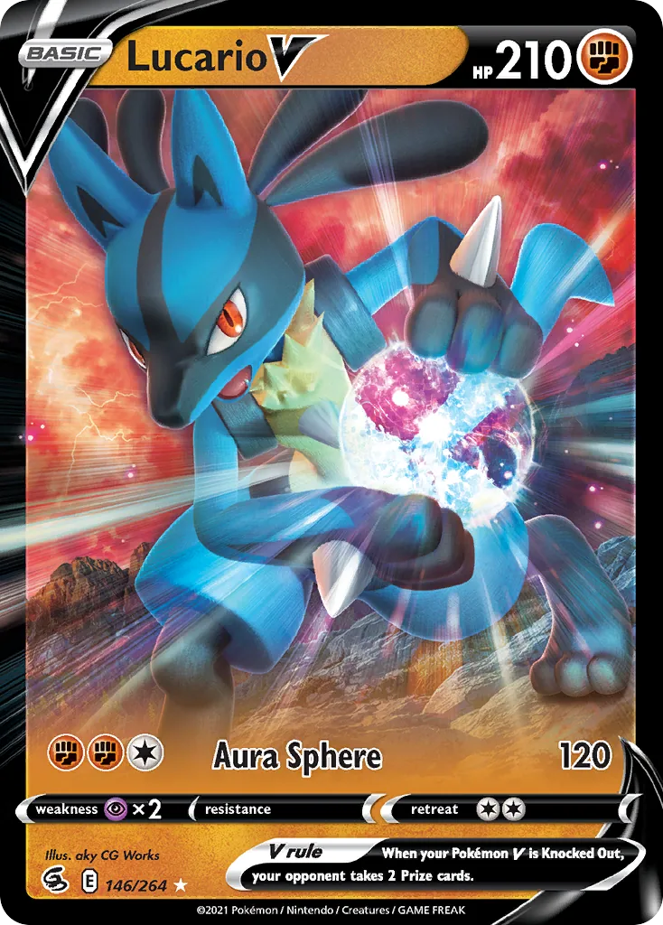 Lucario V, card 146 of 264 from Fusion Strike: Lucario charging an aura sphere against a red sky.