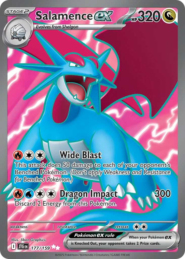 Salamence ex, card 177 of 159 from Journey Together: a blue Salamence roaring against pink lightning.